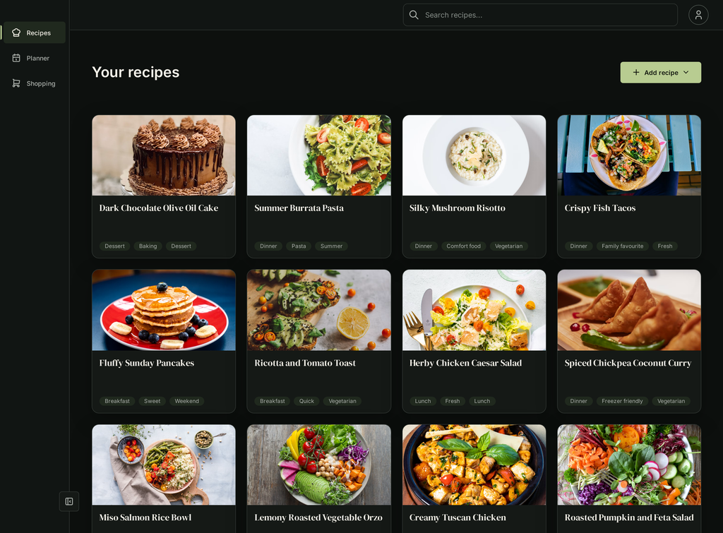 Peppie recipe library showing a collection of colourful home-cooked recipes